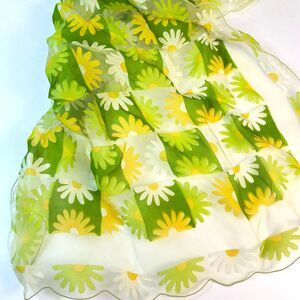 Vintage 60-70s Women's Green Yellow Daisy Print Sheer Rectangular Scarf